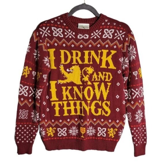 HBO Sweaters - GOT Game of Thrones I Drink and I Know Things Christmas Sweater Maroon Gold Ugly